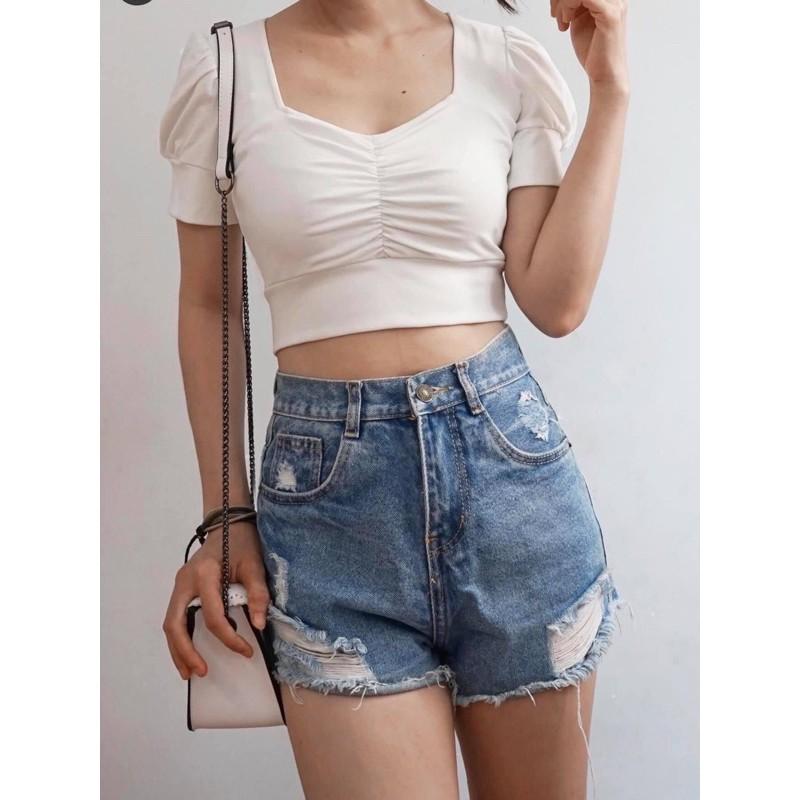 F785 Áo croptop ôm cổ vuông tim nhún ngực