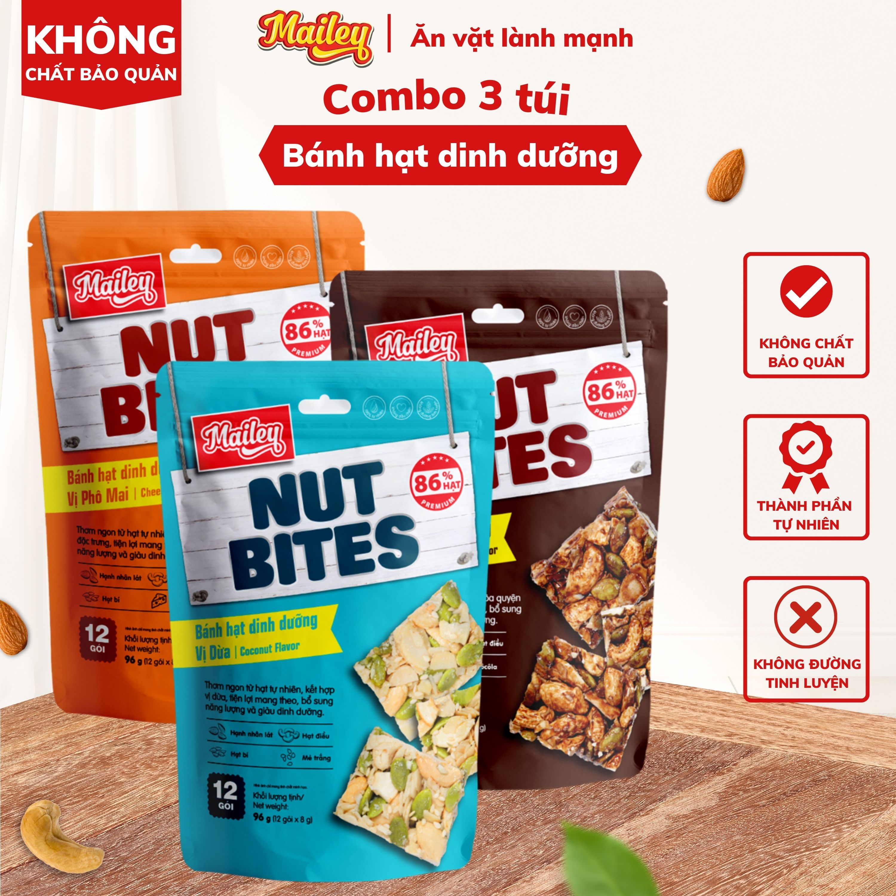 [COMBO 3 TÚI] Bánh hạt dinh dưỡng NUT BITES Mailey túi 96g - thơm ngon từ hạt tự nhiên và giàu dinh dưỡng