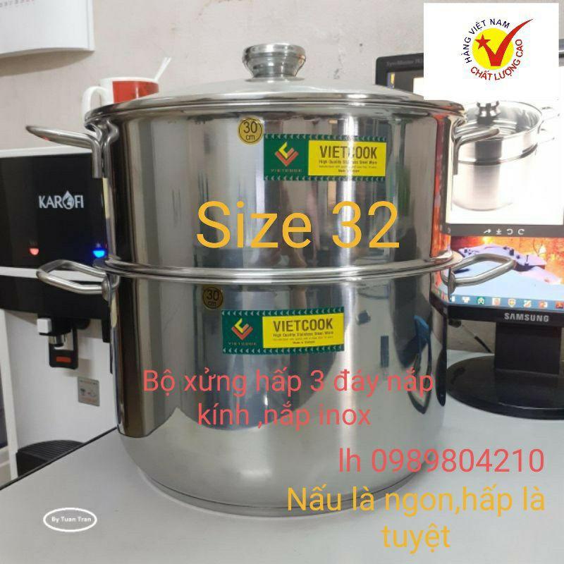 Bộ nồi xửng hấp inox ,xửng hấp inox 2 tầng 3 đáy nắp kính,nắp inox  đun bếp từ size 32/chõ hấp đồ xôi