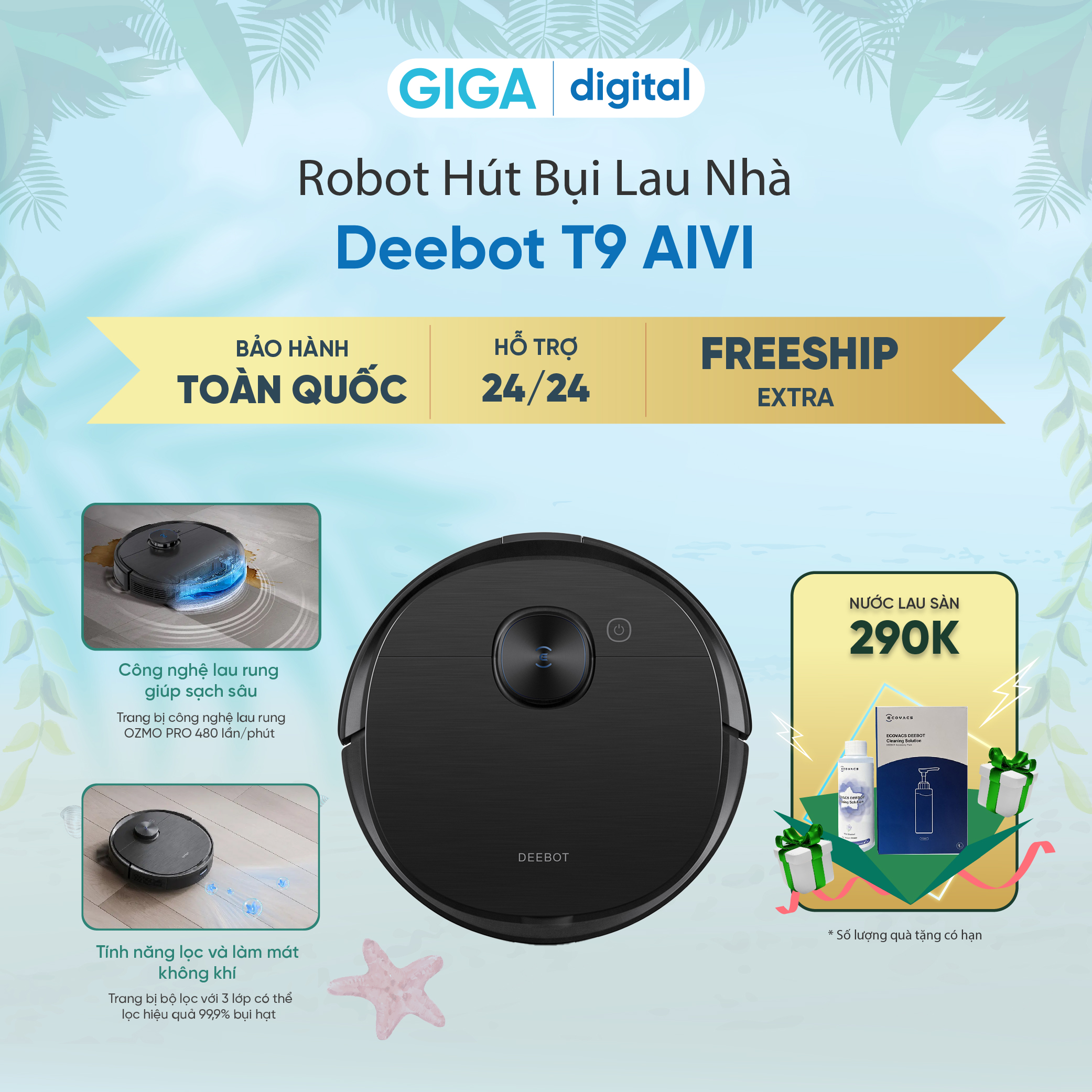 Robot Hút Bụi Ecovacs Deebot T9 AIVI - Tặng nước lau sàn - Bản Nội Địa - Không khóa APP - Hàng chính hãng