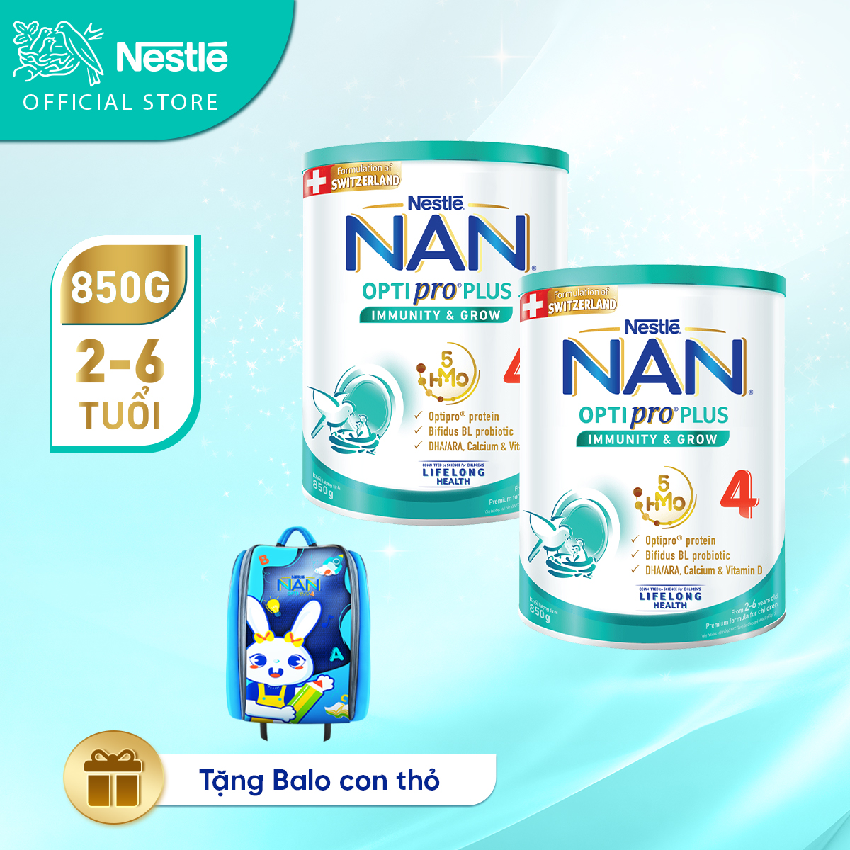 Bộ 2 lon Sữa bột Nestlé NAN OPTIPRO PLUS 4 850g/lon với 5HMO Giúp tiêu hóa tốt - Tăng cường đề kháng (2 - 6 tuổi) + Tặng Balo con thỏ