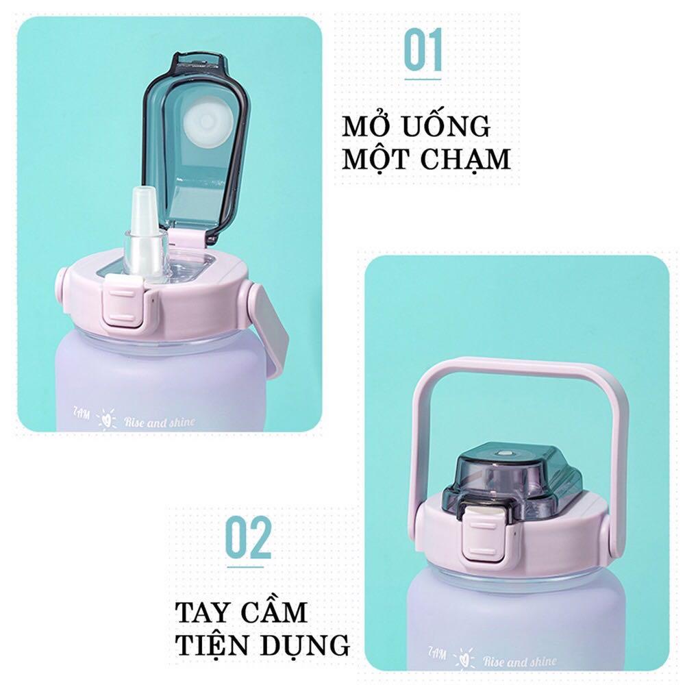 Bình nước 2L có vạch báo giờ uống nước, Bình đựng nước màu gradient có ống hút Silicon