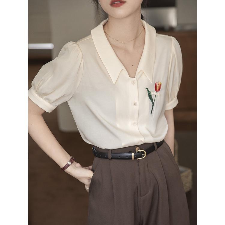 Áo sơ mi công sở thêu hoa tuy lip QUYÊN FASHION SMT009, màu hồng kiểu hàn quốc thanh lịch