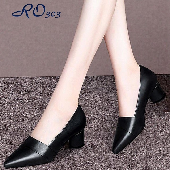 Giày cao gót nữ đẹp đế vuông 5 phân hai màu đen đỏ hàng hiệu rosata ro303