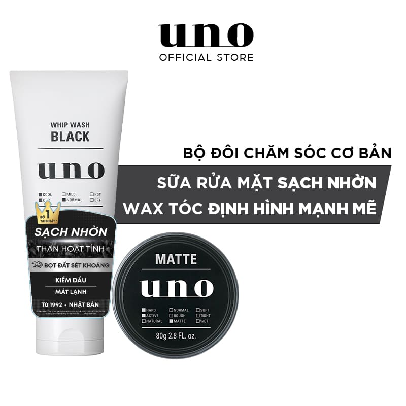 Bộ đôi Sữa rửa mặt UNO Kiểm soát nhờn 130g & Wax tóc Định hình mạnh mẽ 80g (Matte)