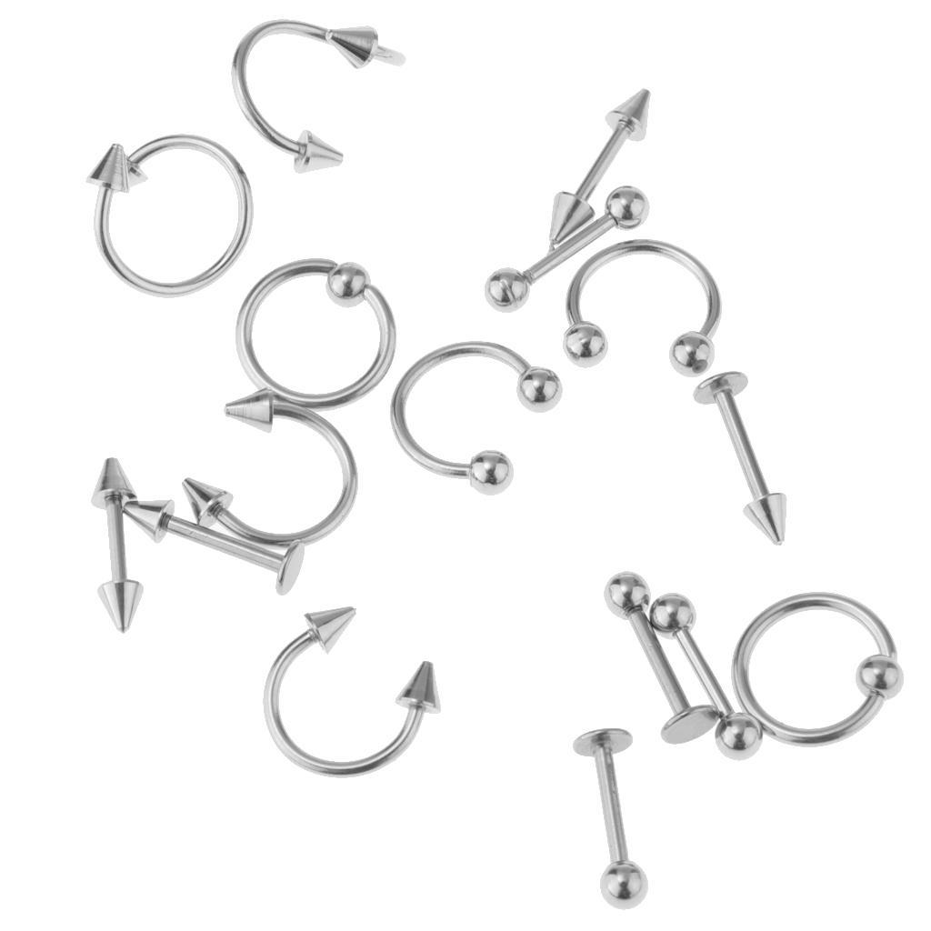 16 Pieces 16g Stainless Steel Assorted Eyebrow Ear Lip Navel