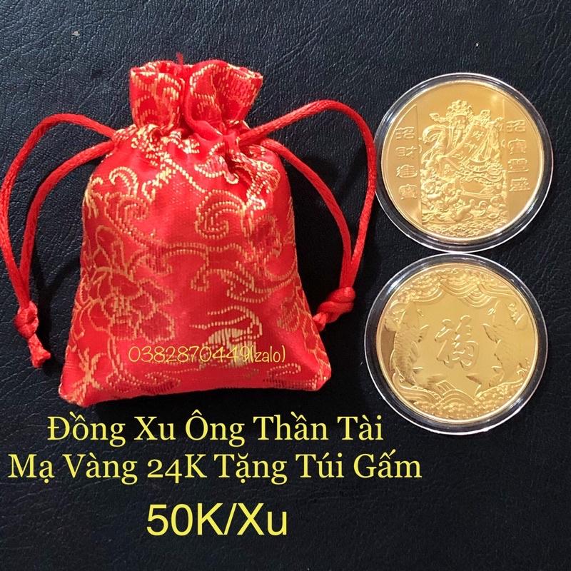 Đồng xu thần tài phong thuỷ may mắn tặng túi gấm