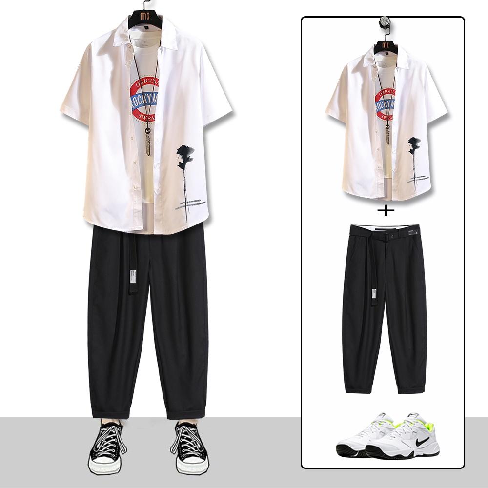 Combo Áo Sơ Mi Ngắn Tay Họa Tiết Hoa Hồng Phai Kết Hợp Quần Baggy Stylemarven - SOMI 041 + JOGGER 066