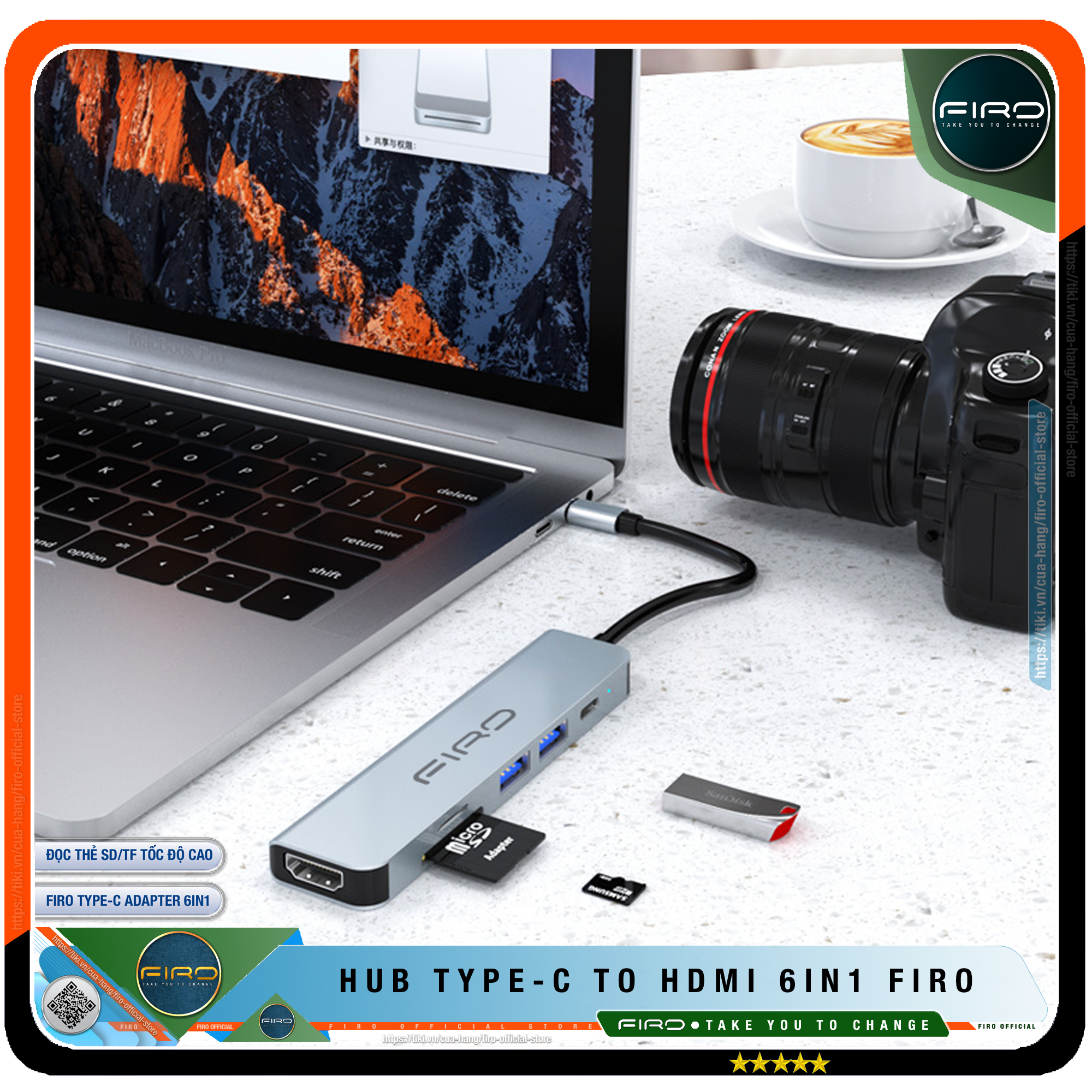 Hub Type C FIRO 6in1 - Hub Chuyển Đổi Type C To HDMI Chuẩn HDTV - 1 Cổng HDMI/HDTV 4K, 2 Cổng USB 3.0, 2 Khe Đọc Thẻ TF Và SD, 1 Cổng Sạc Nhanh Type C PD - Kết Nối Tốc Độ Cao - Dùng Cho Tivi/Laptop/Playstation/PC/Smartphone – Hàng Chính Hãng