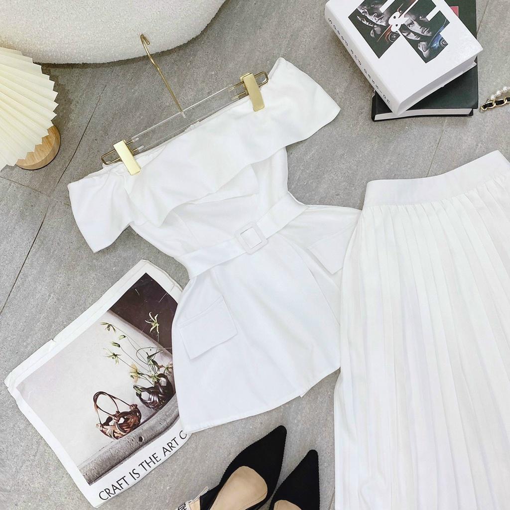 Set áo trắng bẹt vai cháo đắp tà chân vấy trắng midi dập ly mẫu chị thảo nhi shop