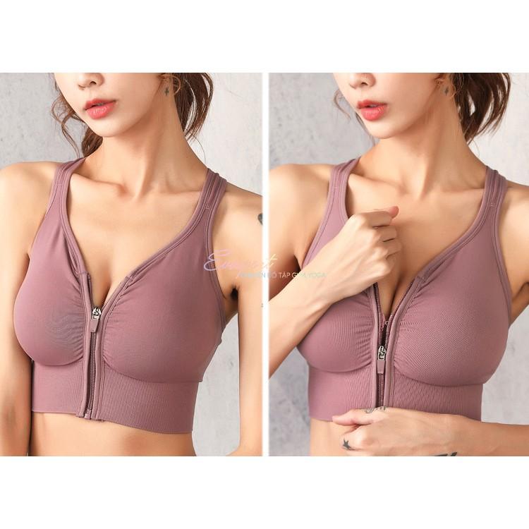 Áo bra khoá kéo tập gym, yoga, aerobic nữ tôn vòng ngực, vải dệt kim, co giãn tốt, mặc ôm dáng có dây kéo