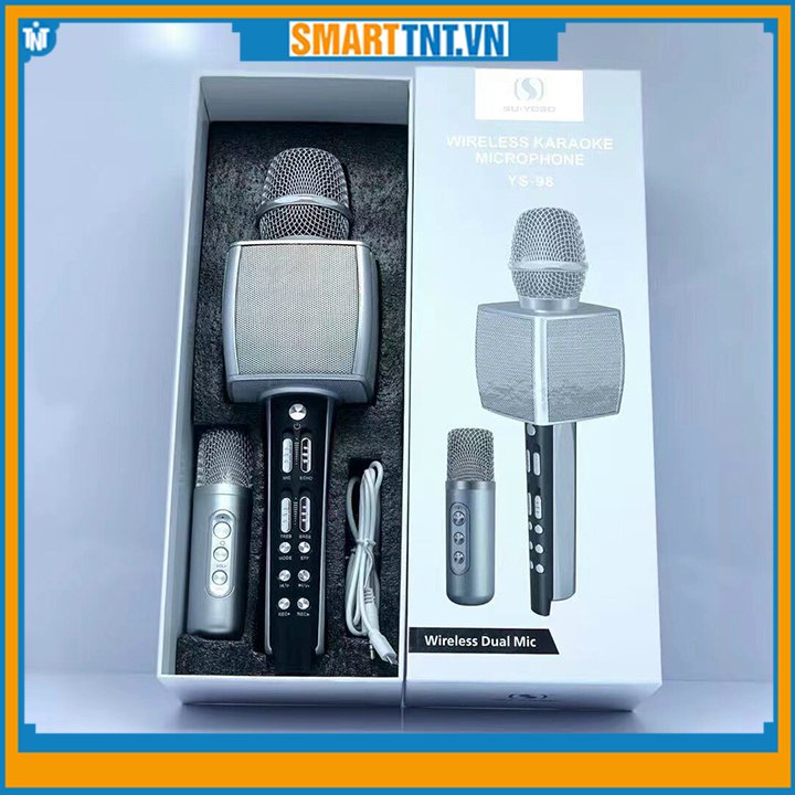 Micro karaoke bluetooth YS98 cao cấp thêm 1 mic để hát song ca tích hợp loa bass tress cao cấp