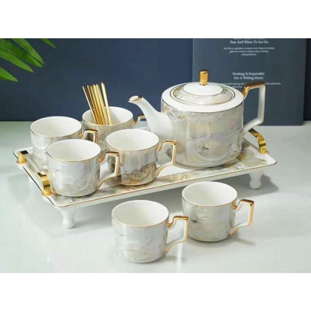 Bộ ấm chén kèm khay ( hoặc đĩa ) sứ vân đá cao cấp pha trà cà phê phong cách Châu âu sang trọng hiện đại
