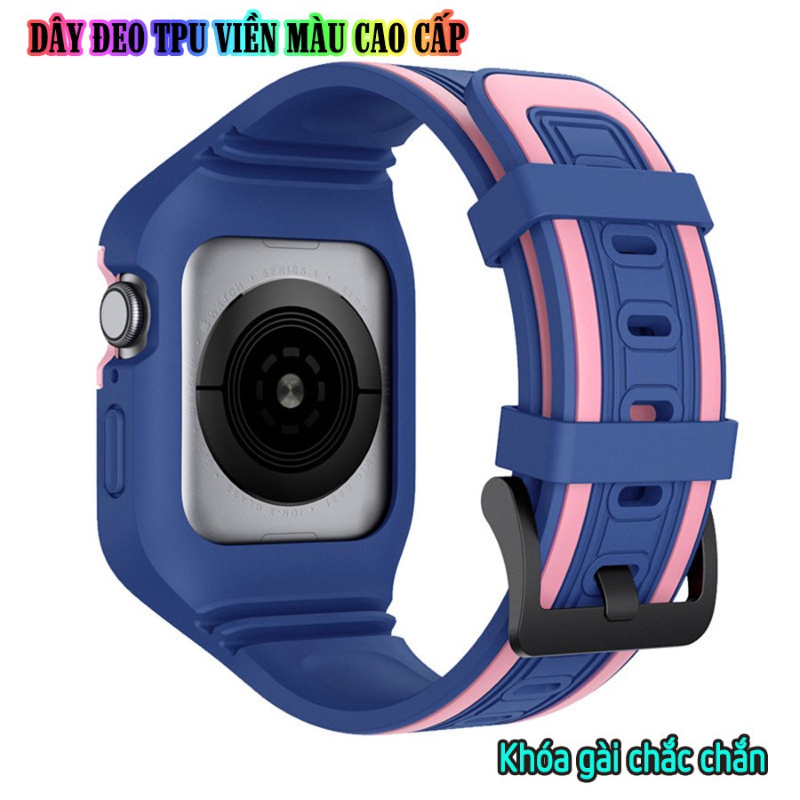 Dây Đeo liền ốp dành cho Apple Watch size 38/40/42/44mm TPU chống sốc viền màu_Xanh Hồng (tặng dán KCL theo size)