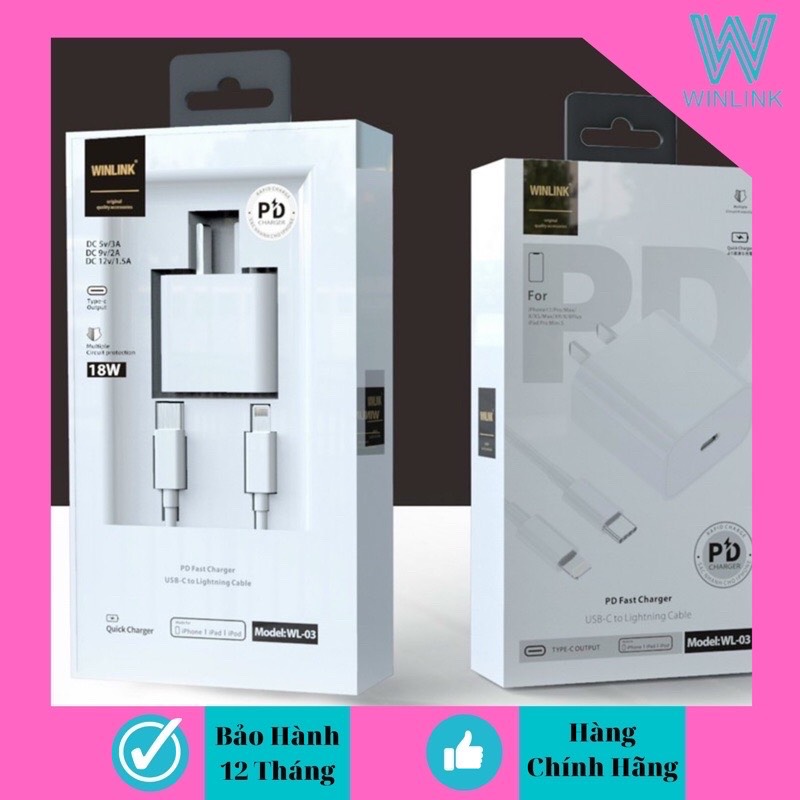 Bộ sạc nhanh 18W Hàng chính hãng Winlink - dành cho Iphone X-11-11 Promax (Sạc 30p đầy 50% Pin)