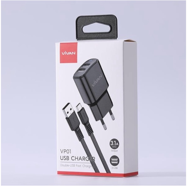 Cốc sạc 2 cổng tiếp nối USB VIVAN Charger VP01 Black- Hàng Chính Hãng