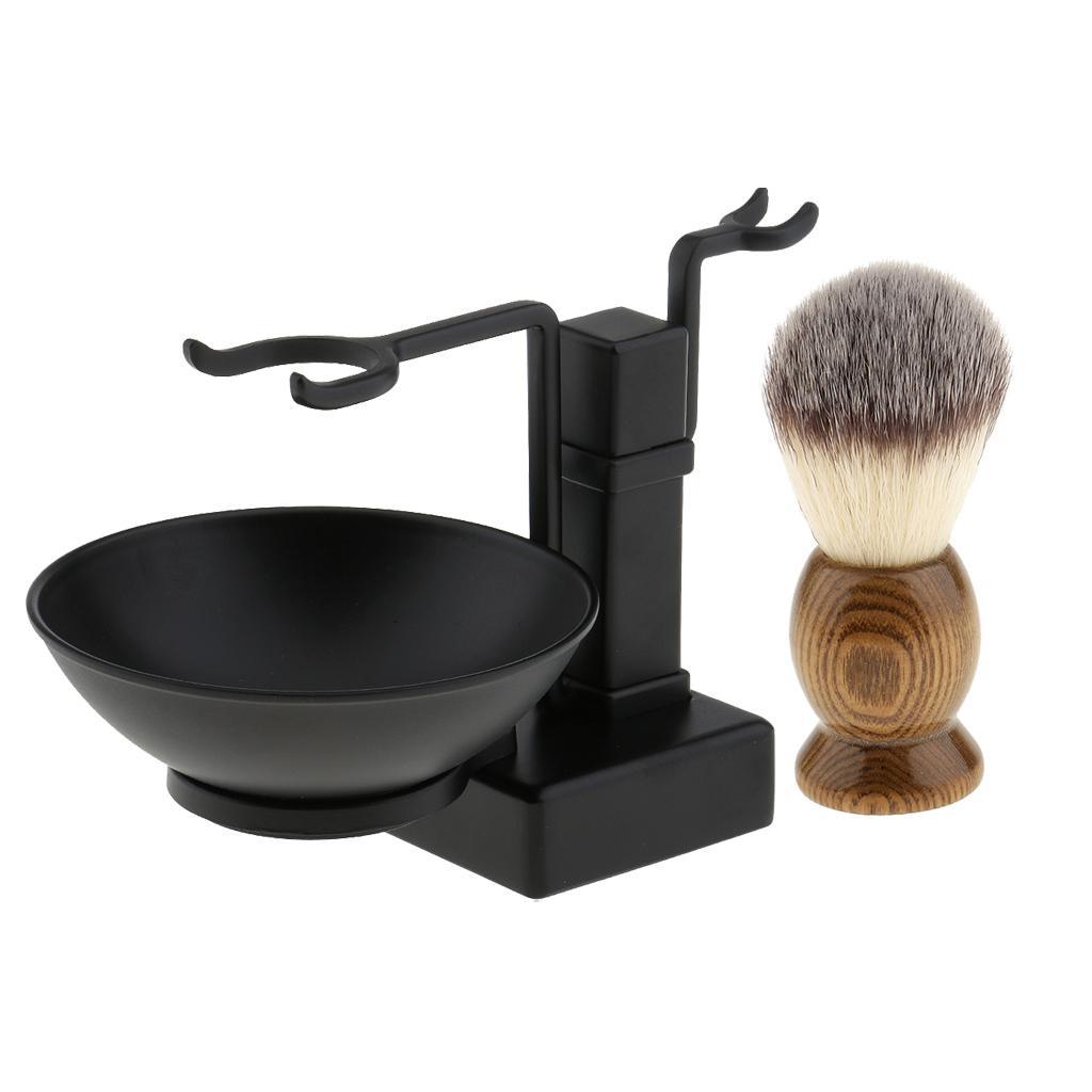 Men Alloy Beards Moustache Shaving Brush Bowl Stand Holder Set Black