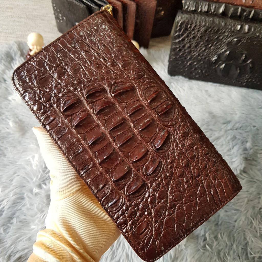 Ví Cầm Tay Cá Sấu Nữ/Nam | Ví Clutch Da Cá Sấu Gù To Một Khóa | Màu Nâu Cafe | Bảo Hành 24 Tháng.