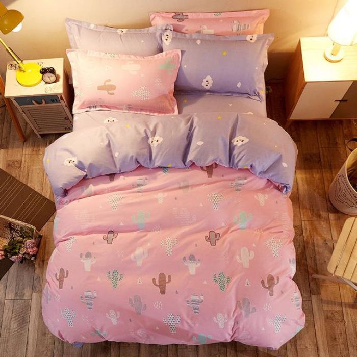 Bộ chăn ga gối Cotton cao cấp 1m6x2m xương rồng hồng tím THC009