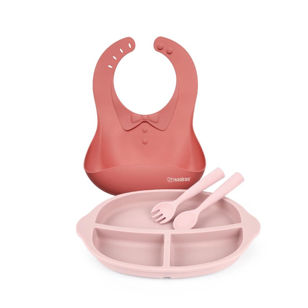 Bộ ăn dặm khay, yếm, thìa dĩa silicone cho bé Haakaa