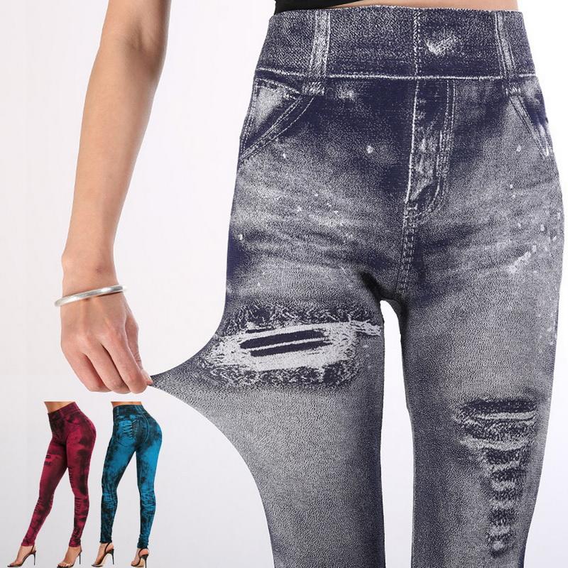 Quần jean giả của phụ nữ quần yoga quần dài có thể kéo dài quần legging denim quần jean hông quần thể thao quần bút chì Color: 08 A Size: S