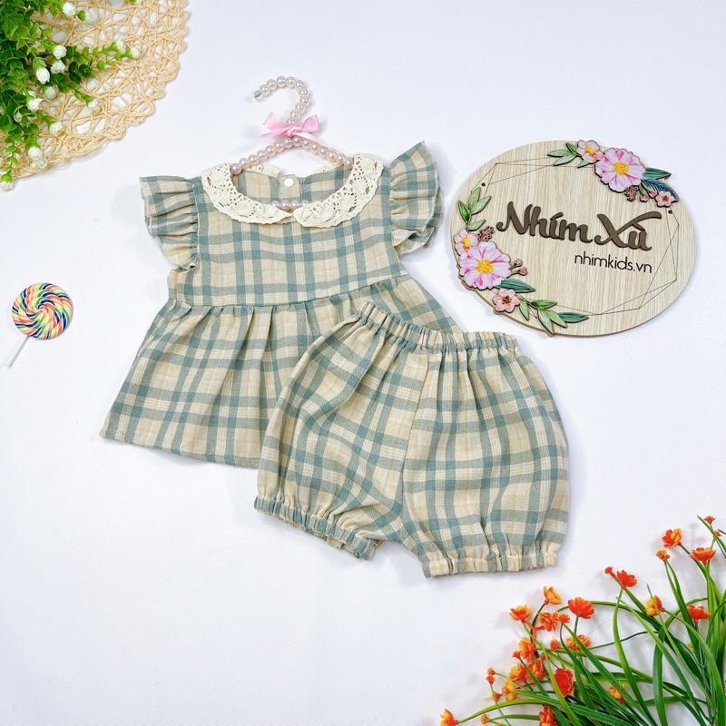Set Bộ Caro Xám Bé Gái 4kg Đến 17kg Chất Đũi Sợi Siêu Mát