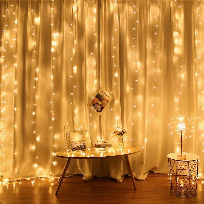 Đèn Trang Trí Dây đèn rèm trang trí mưa rơi vàng ấm chớp nháy 8 chế độ kích thước 3m x 3m