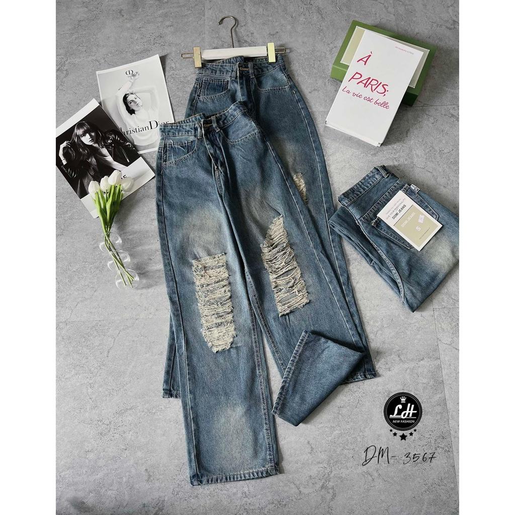 Quần jean nữ ống rộng, quần bò lưng cao màu xanh loang rách tua rua te tua Lê Huy Fashion MS 3567