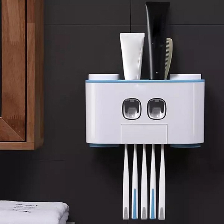 Kệ Nhả Kem Đánh Răng Tự Động Thông Minh Kết hợp rãnh để đồ & treo cốc - Tặng kèm 4 Cốc Hút Từ Tính - Kệ Nhà Tắm Dán Tường Tiện Ích - Giao màu Ngẫu Nhiên