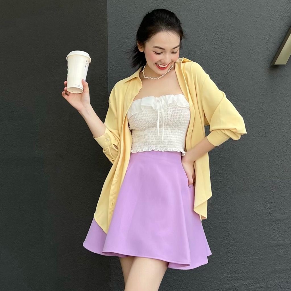 KIOBI - Áo sơ mi cơ bản Essence form suông rộng, tay dài măng-sết, vải lụa mịn cam nhạt - KIA224242CN