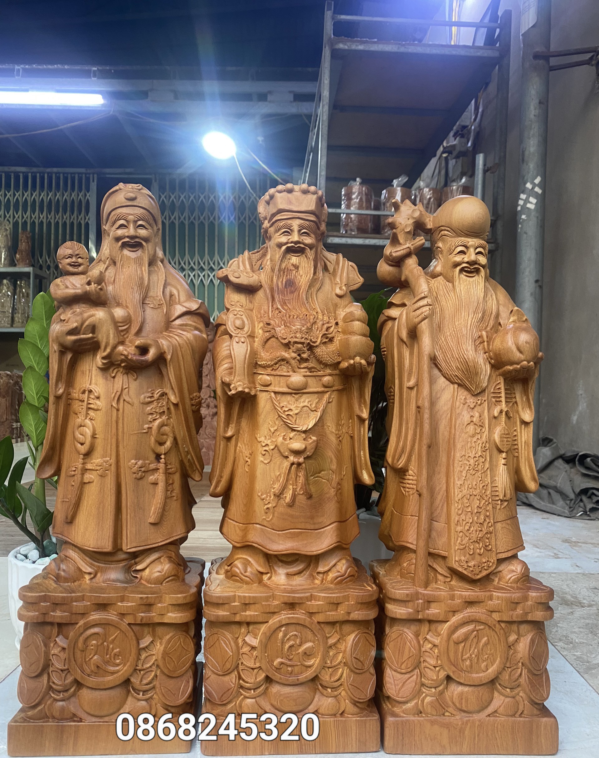 Bộ tam đa phúc lộc thọ bằng gỗ bách xanh thơm nức kt cao 50cm