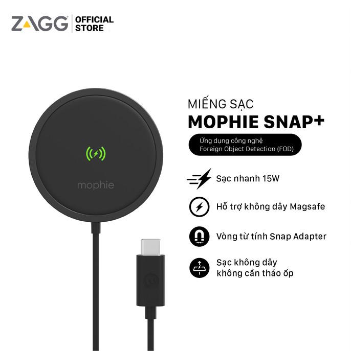 Miếng sạc Mophie Snap Plus - sạc nhanh không dây chuẩn Qi, công suất lên tới 15w, nam châm hít, vòng từ tính adapter - Hàng chính hãng