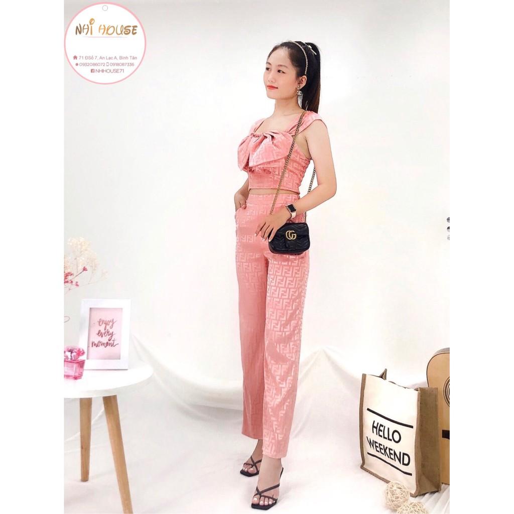 SET ĐỒ NỮ ĐI CHƠI NHIHOUSE71 VẢI GẤM SATIN DỆT CHỮ NỔI ÁO CROPTOP NƠ QUẦN ỐNG SUÔNG FREESIZE DƯỚI 55KG