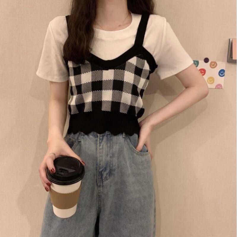 Áo len 2 dây dáng ngắn kẻ caro siêu xinh, free size từ 35_60kg