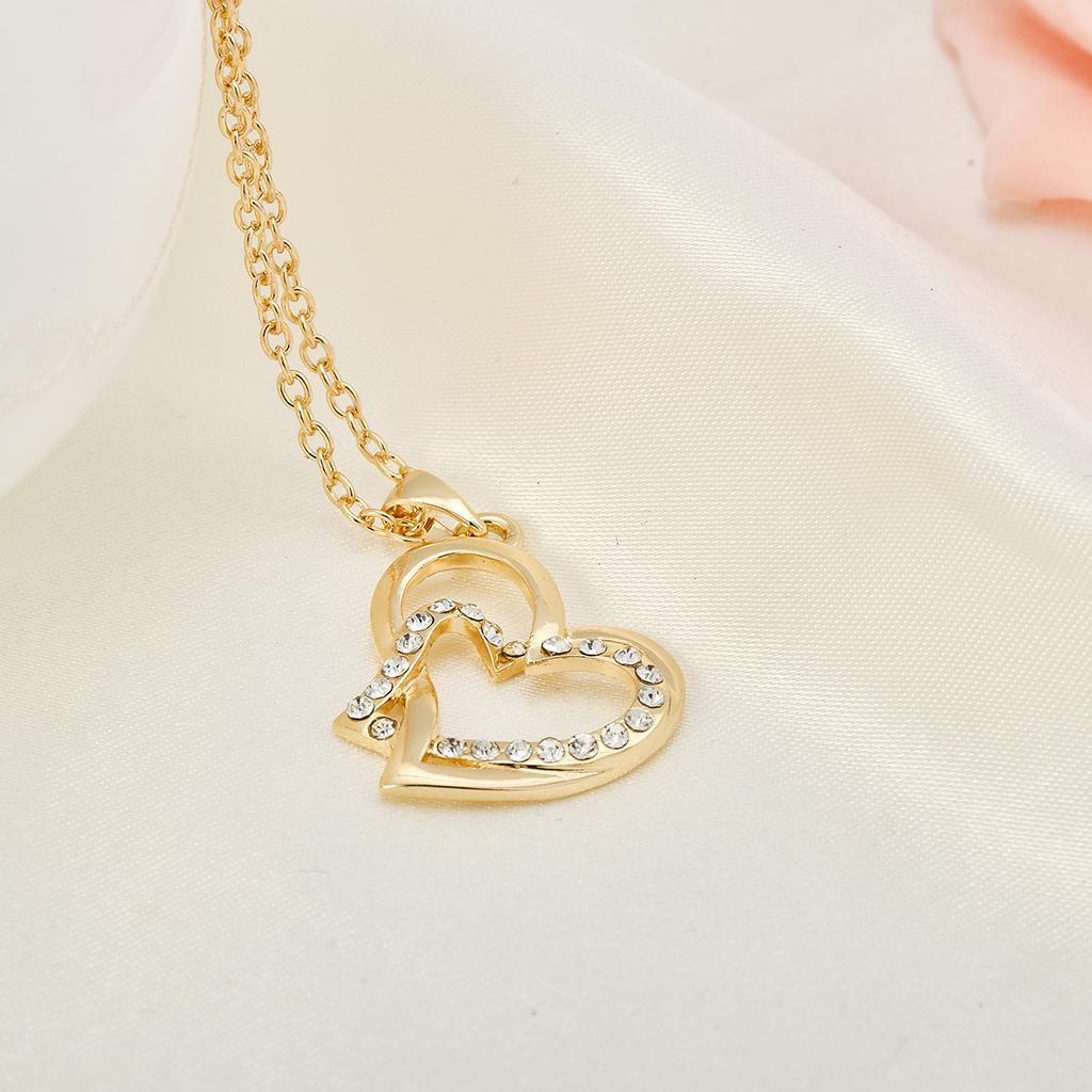 New Bridal Double Heart pendant Crystal Necklace Clavicle Chain Jewelry Gold