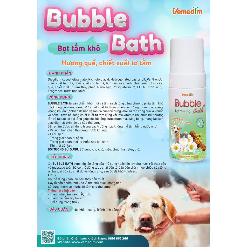 Bọt tắm khô cho Chó Mèo Vemedim Bubble Bath Chai 120ml Giúp khử mùi và làm sạch lông mà không cần dùng nước Sx tại VN