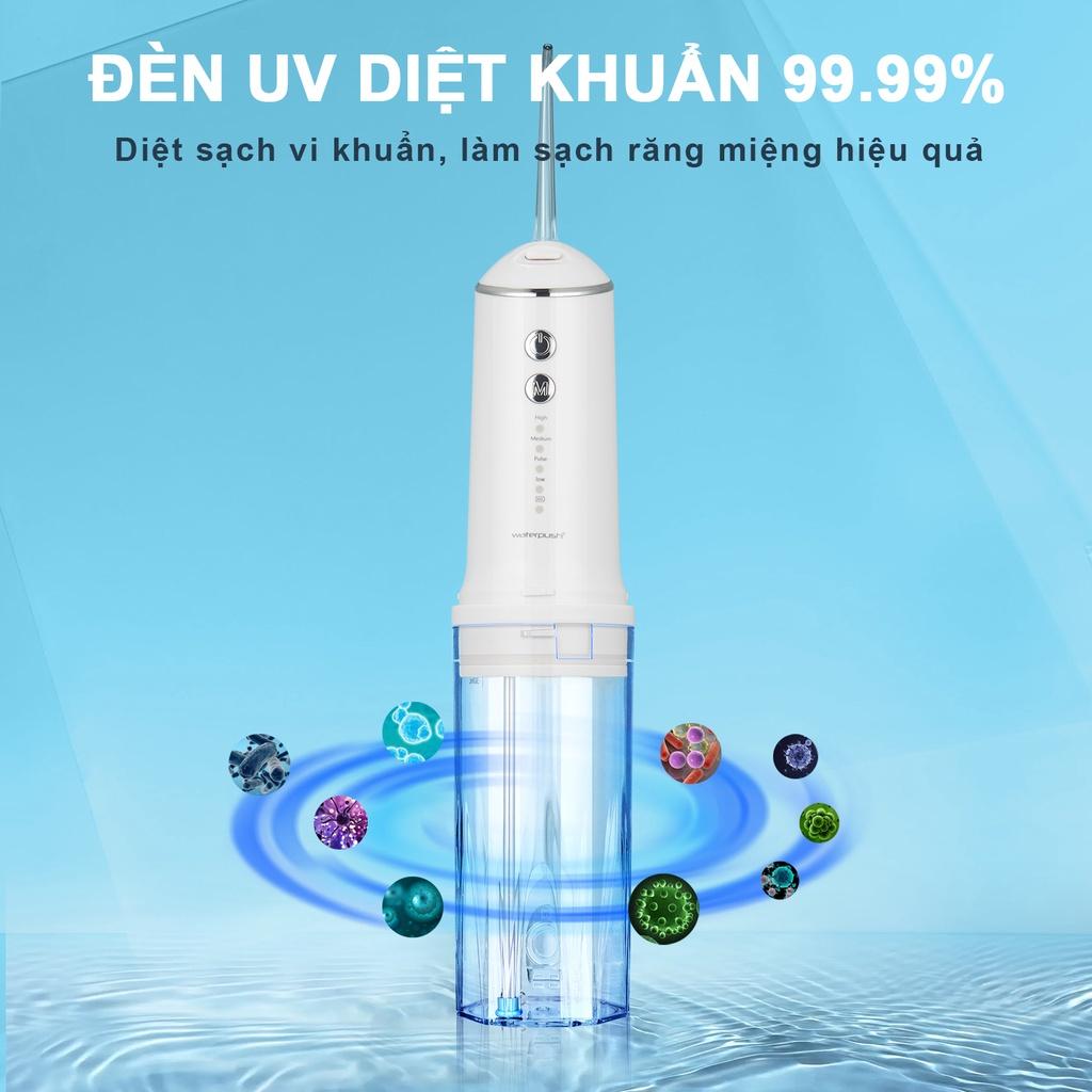 Máy tăm nước du lịch cao cấp WaterPush 1904 White - Bình nước 300ml - 1 đổi 1 Online 12 tháng