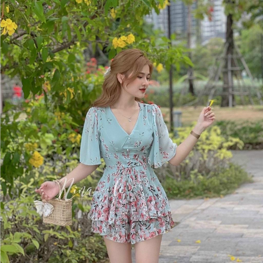 Đầm voan hoạ tiết hoa xoè tầng tay cánh tiên siêu xinh