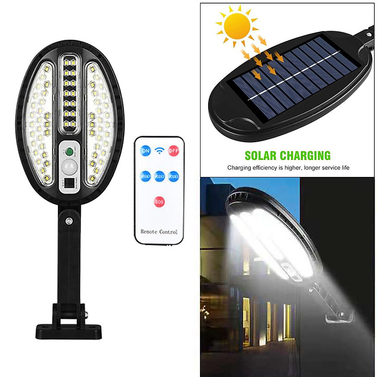Đèn Năng Lượng Mặt Trời 66 LED SMD Hình Bầu Dục Kèm Remote Và Giá Đỡ