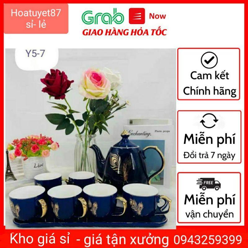 Bộ ấm chén sứ xanh mạ vàng cao cấp họa tiết lông công sang trọng