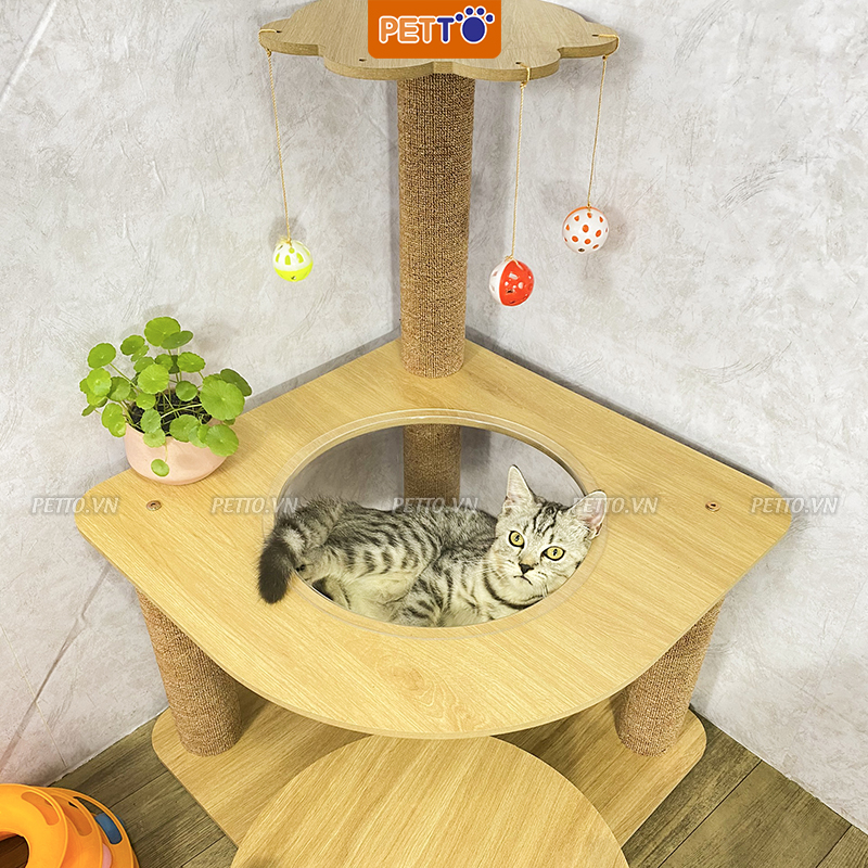 Trụ cào móng cho mèo bằng gỗ kèm lồng kính xinh xắn CT044
