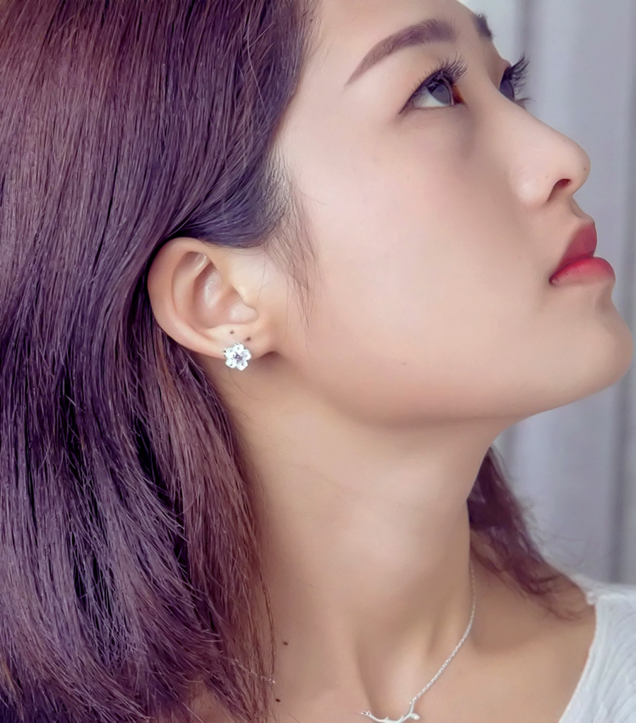 Hoa tai bạc - Bông tai hoa mai pha lê hồng