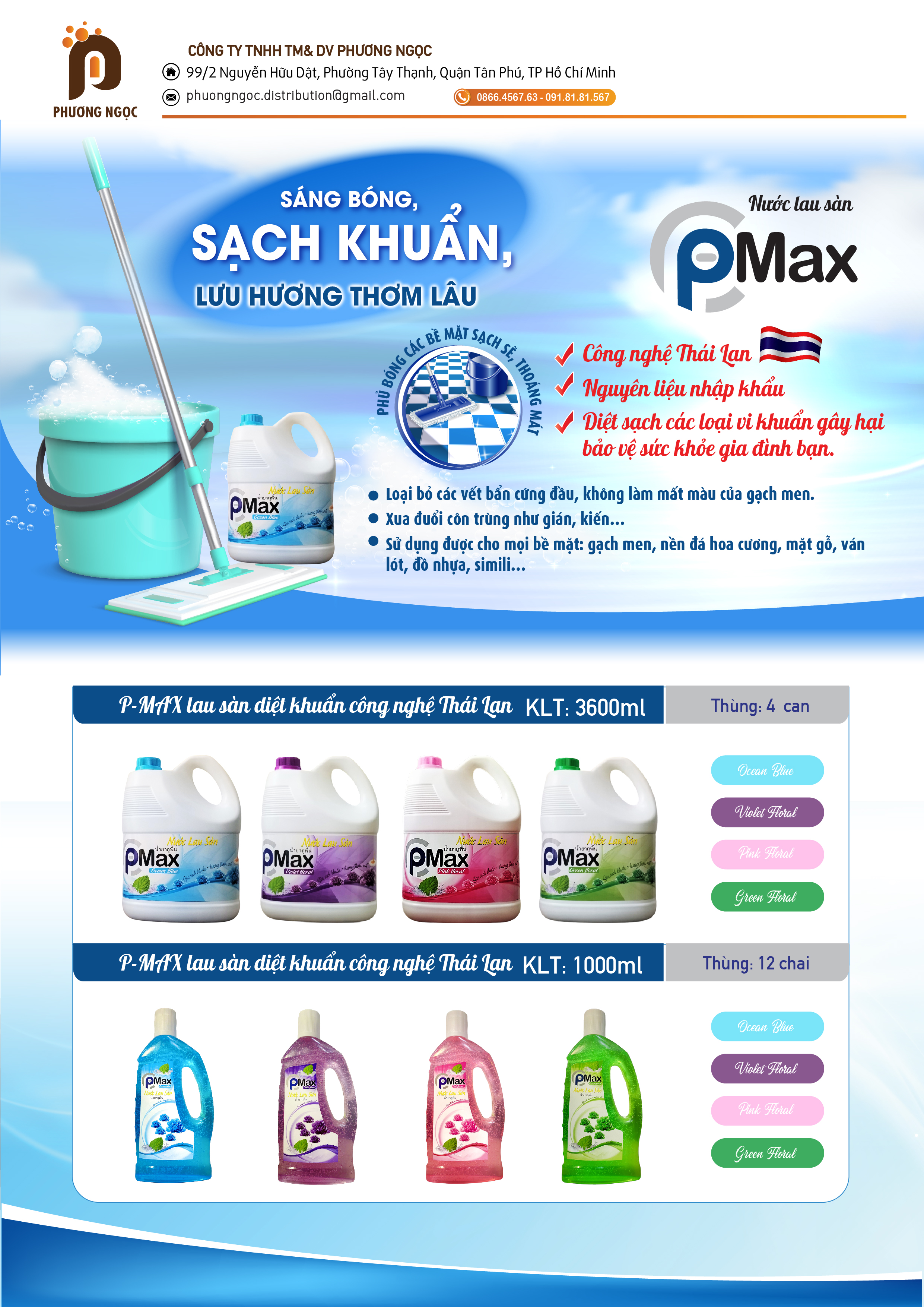 Nước lau sàn P-MAX OCEAN BLUE diệt khuẩn công nghệ Thái Lan loại bỏ các vết bẩn cứng đầu, không làm mất màu gạch men, xua đuổi côn trùng 3600ML