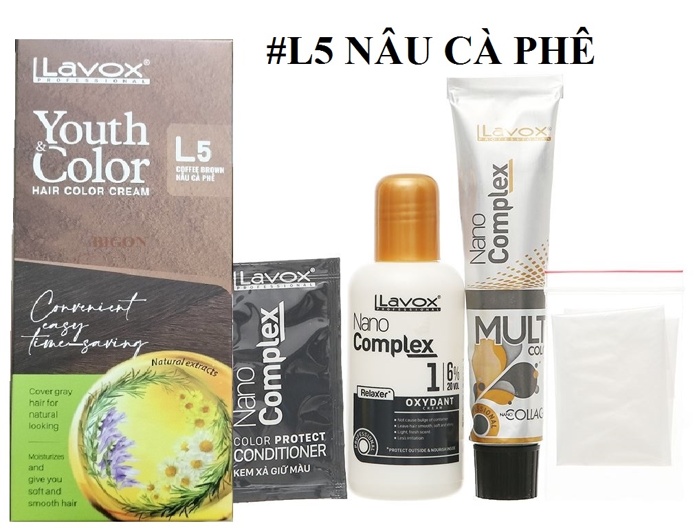 Nâu Cà Phê(Nâu Sáng L5) - Kem Nhuộm Dưỡng Tóc Phủ Bạc Lavox Youth&Color L5 - Màu Nâu Cà Phê (Mẫu Cũ Nâu Sáng)