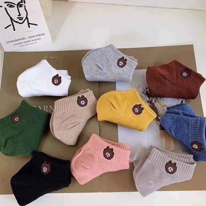 Túi 10 đôi tất  hoa cúc , gấu nữ ,cổ ngắn nhiều màu dễ thương vải cotton đẹp và bền kèm túi dây rút xinh xắn cute cho phái nữ