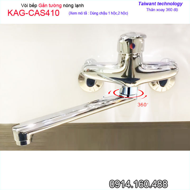 Vòi bếp nóng lạnh KAG-CAS410 cần xoay 180 độ, Vòi bồn tắm gắn tường thiết kế đẹp nước mạnh màu inox bóng chất lượng tốt sử dụng siêu bền