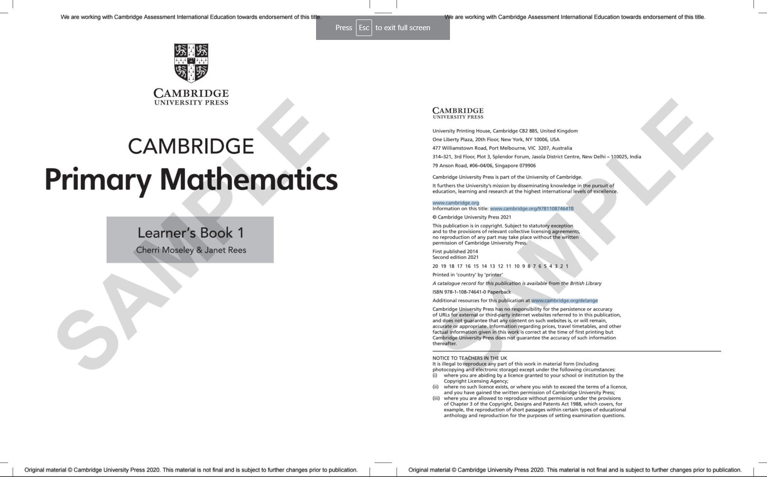 Cambridge Primary Mathematics Learner's Book 1 With Digital Access (1 Year) 2nd Edition