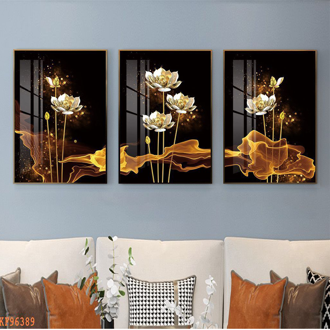 Tranh Hoa Sen Decor Không Gian Phòng Khách - Tran Canvas Bộ 3 Chất Liệu In Vải Canvas