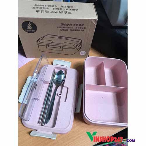Hộp đựng cơm lúa mạch 3 ngăn kèm muỗng đũa inox