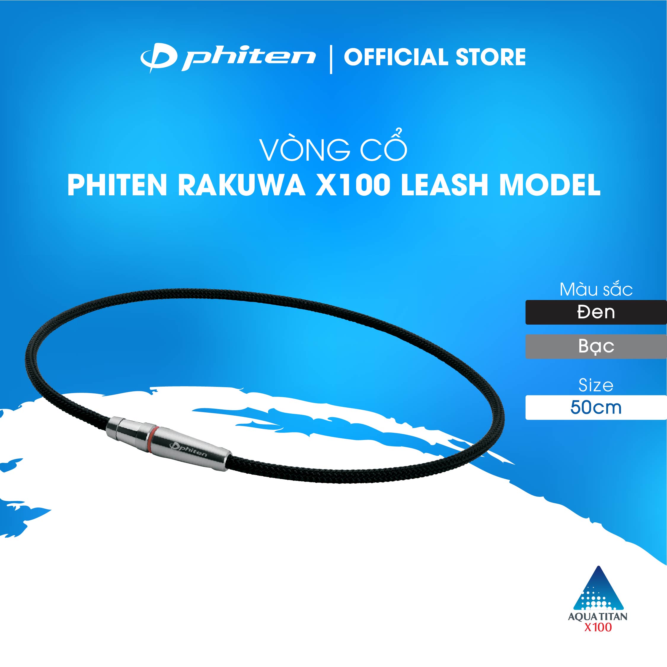 Vòng cổ Phiten Rakuwa x100 leash model TG230053/TG230153 - Đen